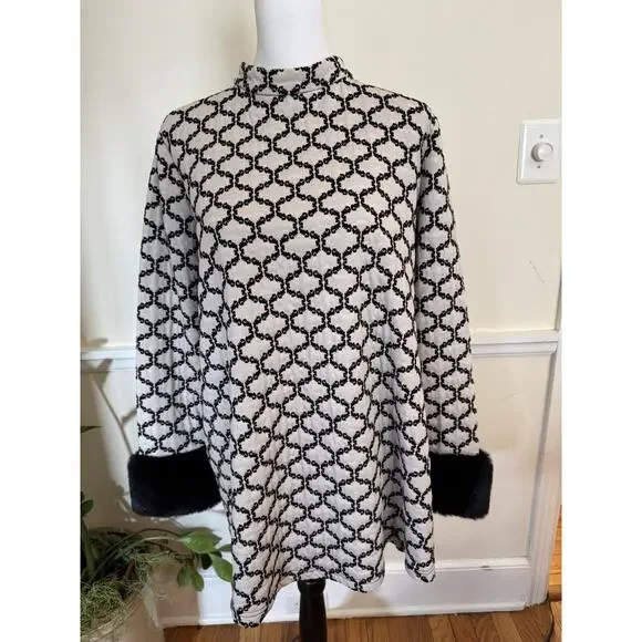 Tyler Boe Black Cream Fur Sleeves Dress Tunic Dress Stunning Mod 60s MIDI Size L - Picture 3 of 16